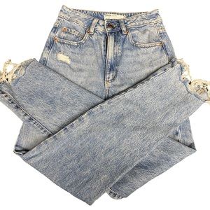 Garage Mom jeans. Size 00 / 23.  Light blue distressed, freyed ankles & knees.